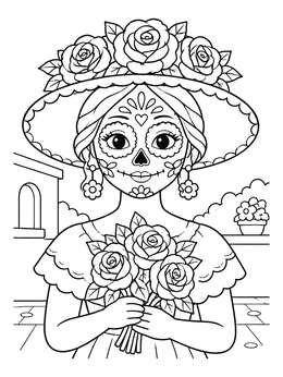 Free printable La Catrina With Rose Bouquet coloring page