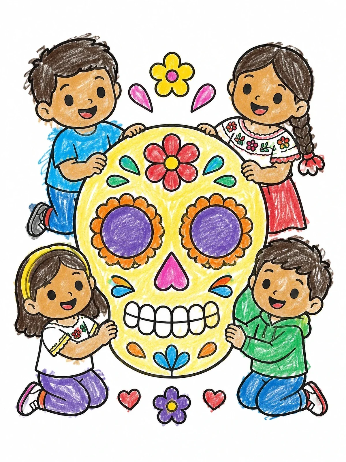 Colored example of the Children Holding A Giant Sugar Skull coloring page