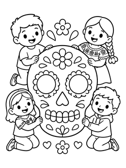 Free printable Children Holding A Giant Sugar Skull coloring page