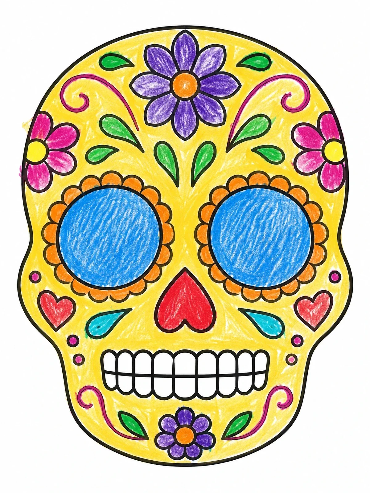 Colored example of the Floral Sugar Skull Mask coloring page