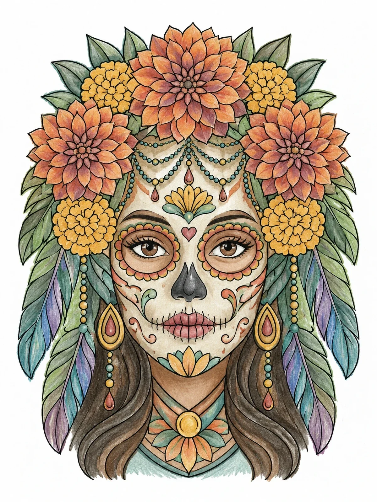 Colored example of the Floral Sugar Skull Mask Portrait coloring page