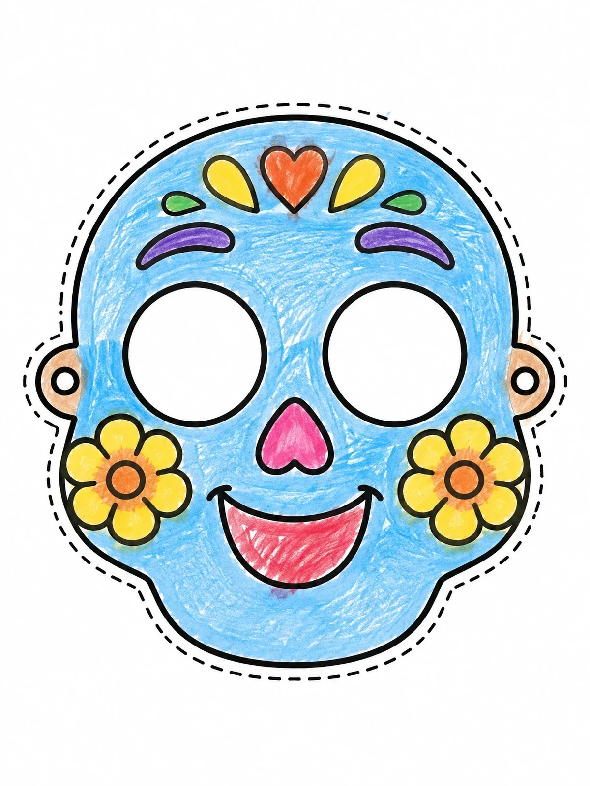 Colored example of the Friendly Sugar Skull Cutout Mask coloring page