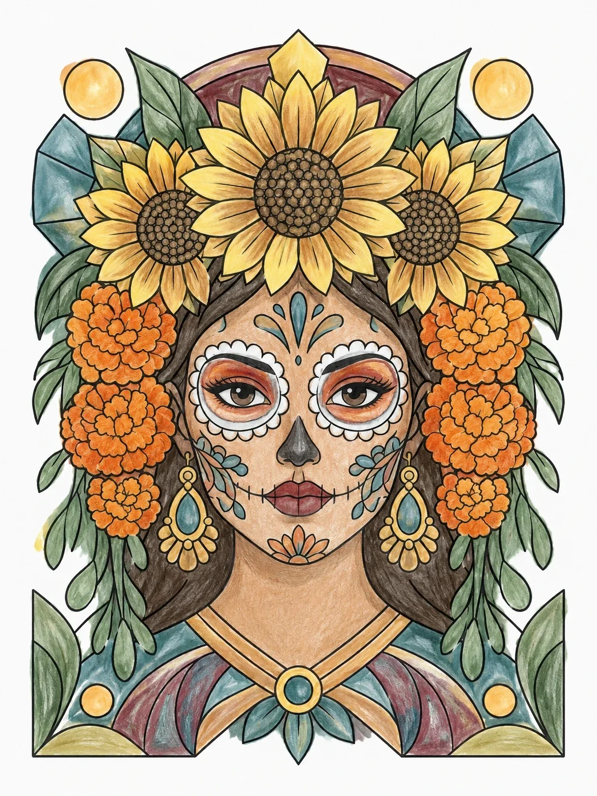 Colored example of the La Catrina Sugar Skull Mask coloring page