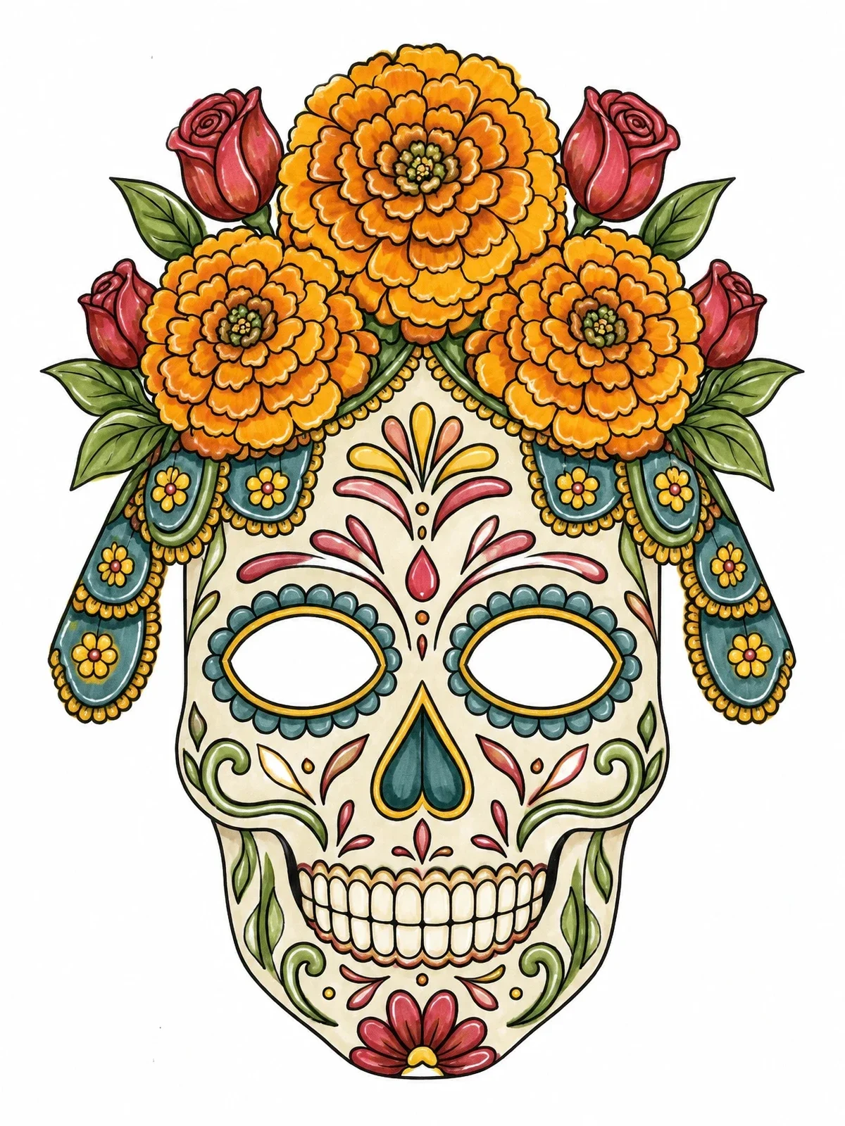 Colored example of the Ornate Sugar Skull Floral Mask coloring page