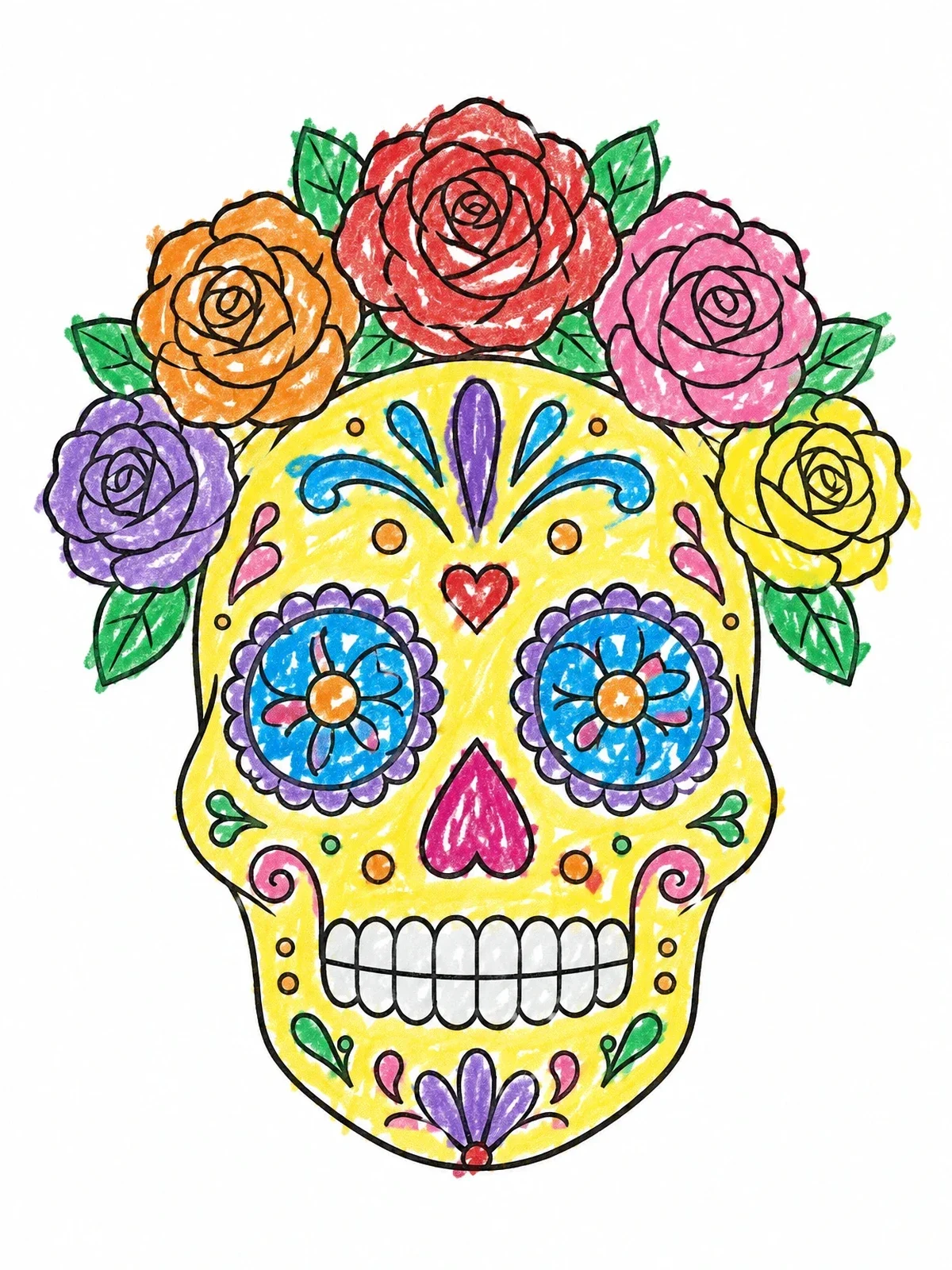 Colored example of the Sugar Skull Mask With Roses coloring page