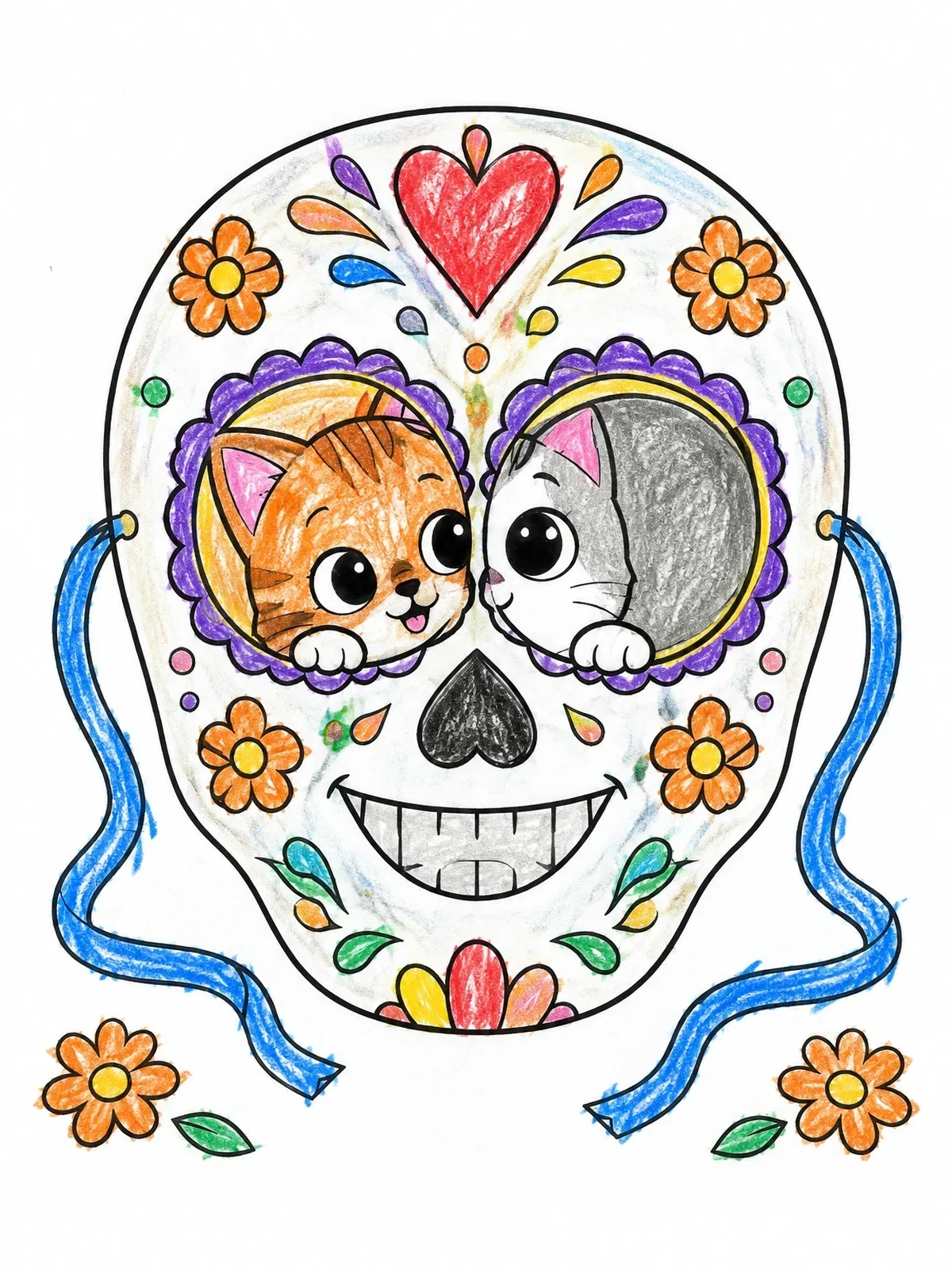 Colored example of the Kitten Behind Sugar Skull Mask coloring page