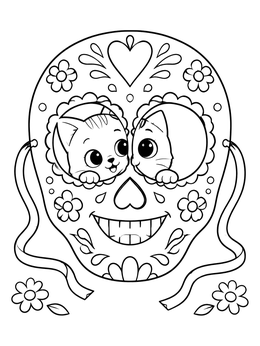 Free printable Kitten Behind Sugar Skull Mask coloring page