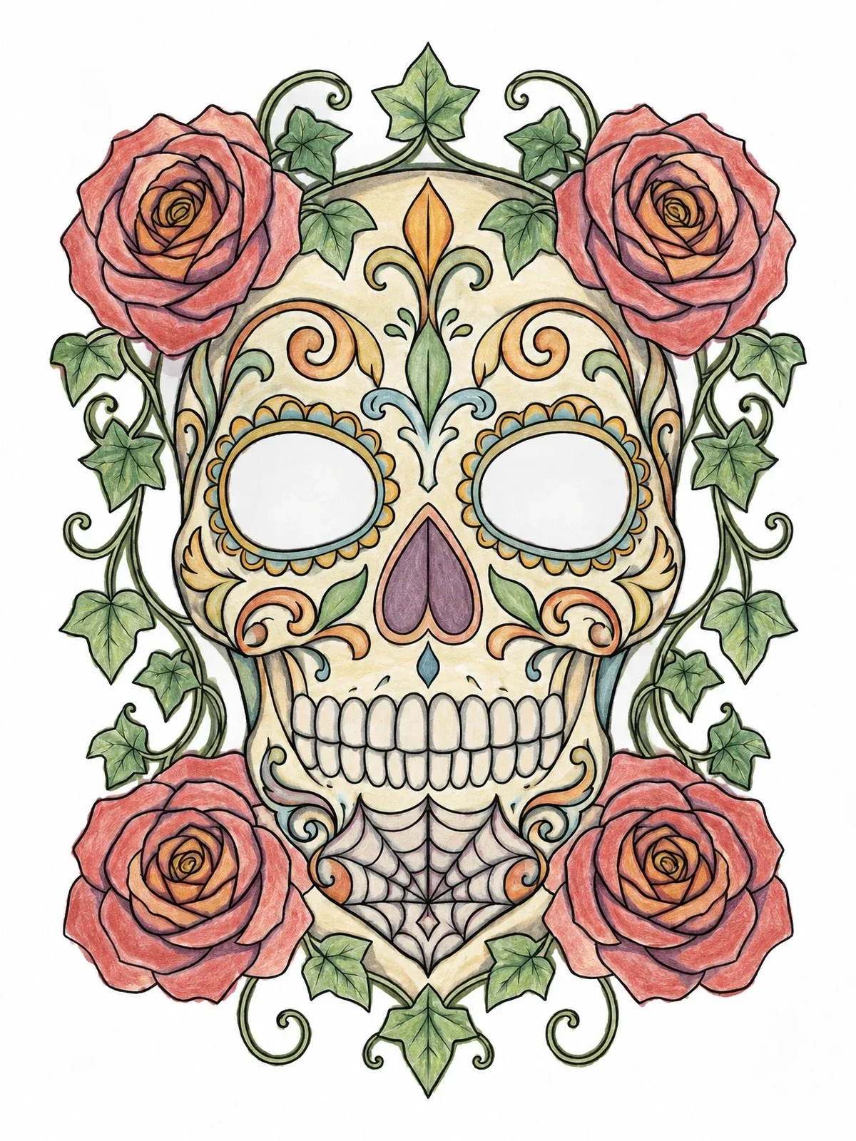 Colored example of the Intricate Sugar Skull With Roses And Ivy coloring page