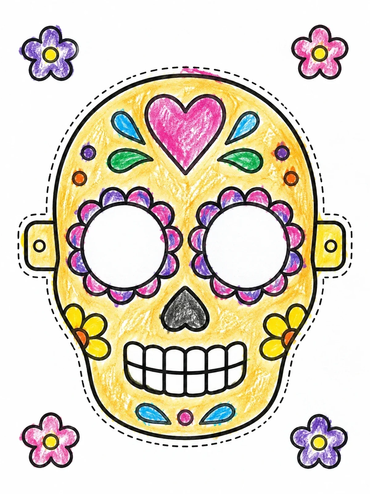 Colored example of the Sugar Skull Mask Template coloring page