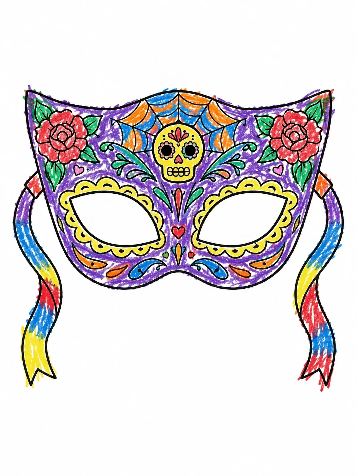 Colored example of the Ornate Sugar Skull Masquerade Mask coloring page