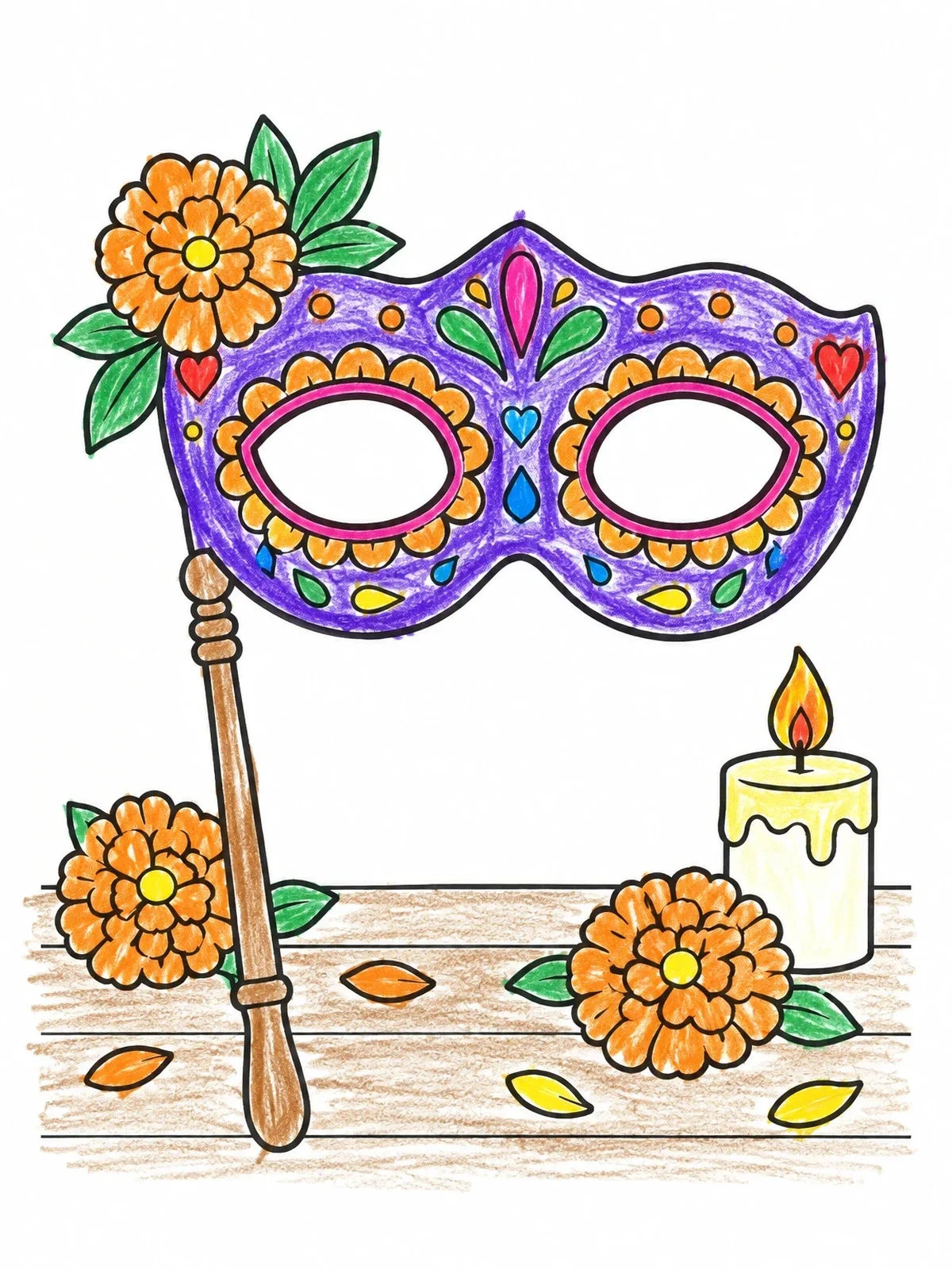 Colored example of the Sugar Skull Masquerade Mask On A Stick coloring page