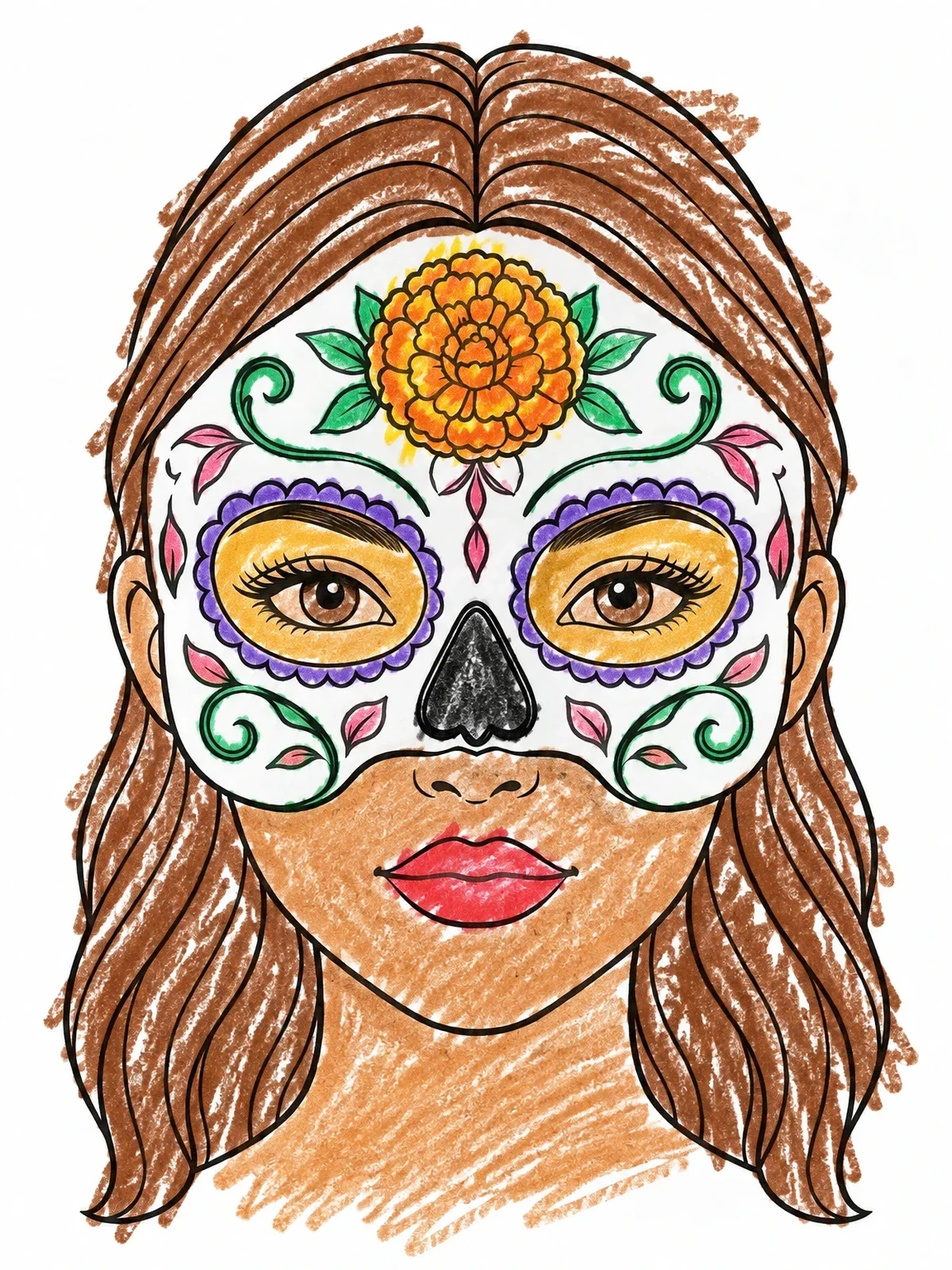 Colored example of the Woman In Sugar Skull Mask coloring page