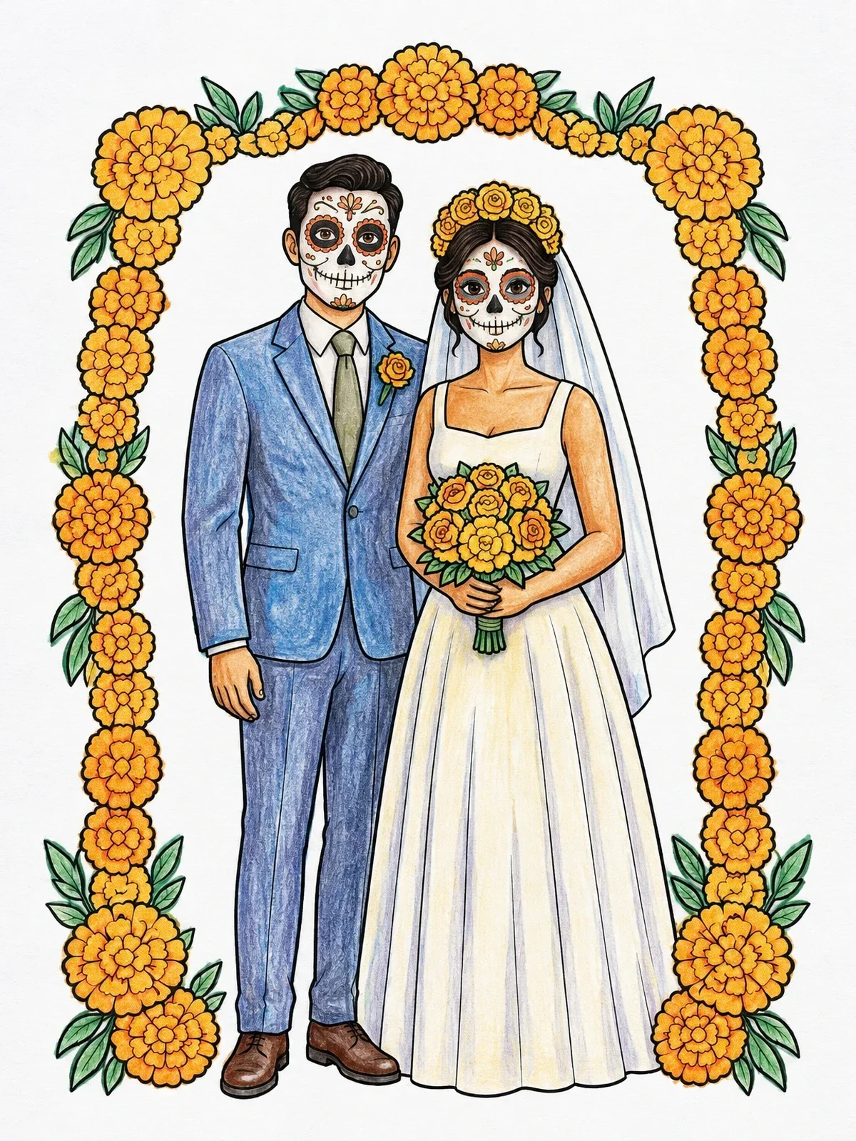 Colored example of the Day Of The Dead Wedding Couple coloring page