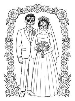 Sugar skull bride and groom in this festive couple coloring page framed by a marigold flower arch.