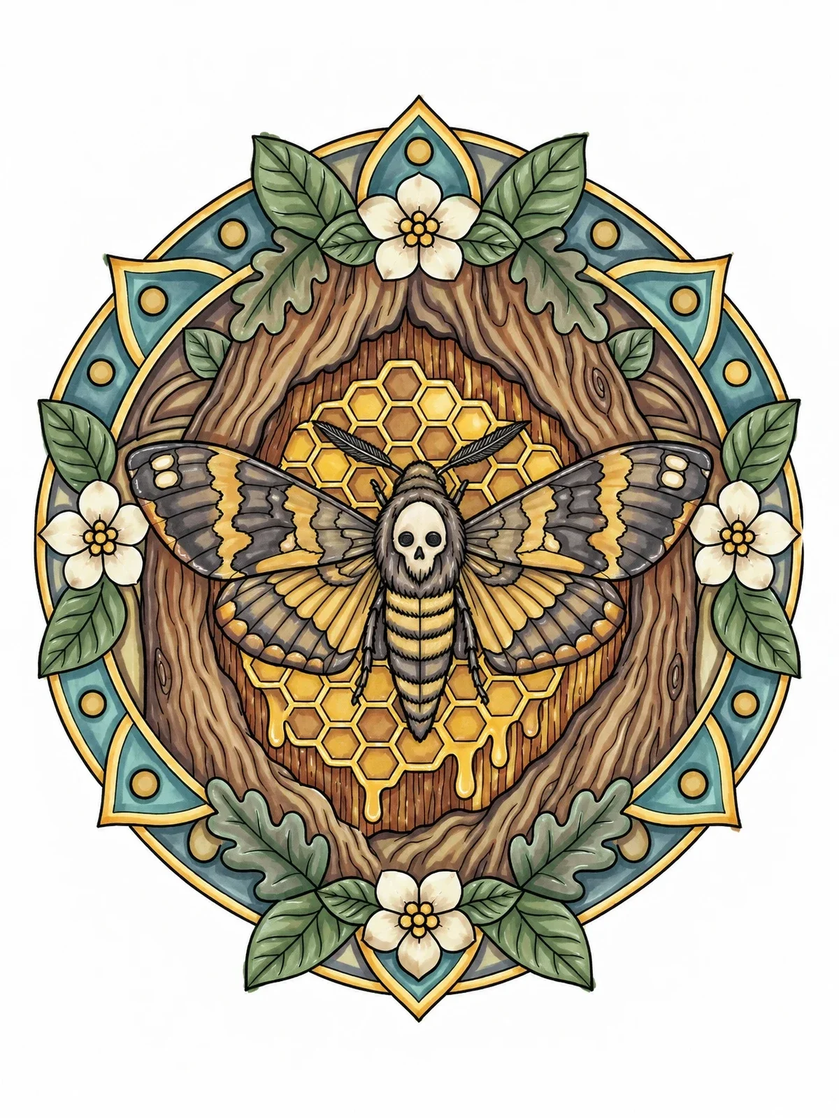 Colored example of the Death's Head Hawk Moth Mandala coloring page