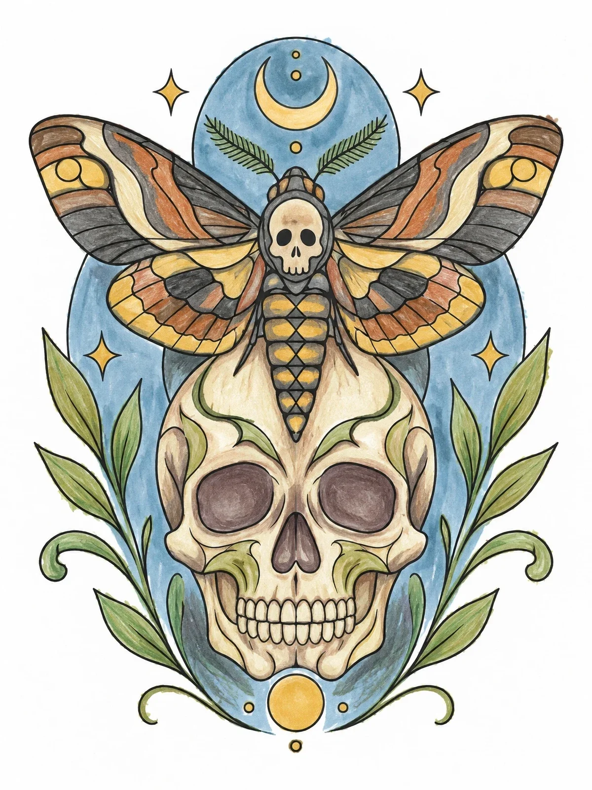 Colored example of the Death's Head Hawkmoth And Mystic Skull coloring page