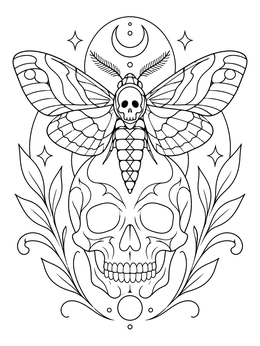 Mystical moth coloring page featuring a death's-head hawkmoth over an ornate human skull.