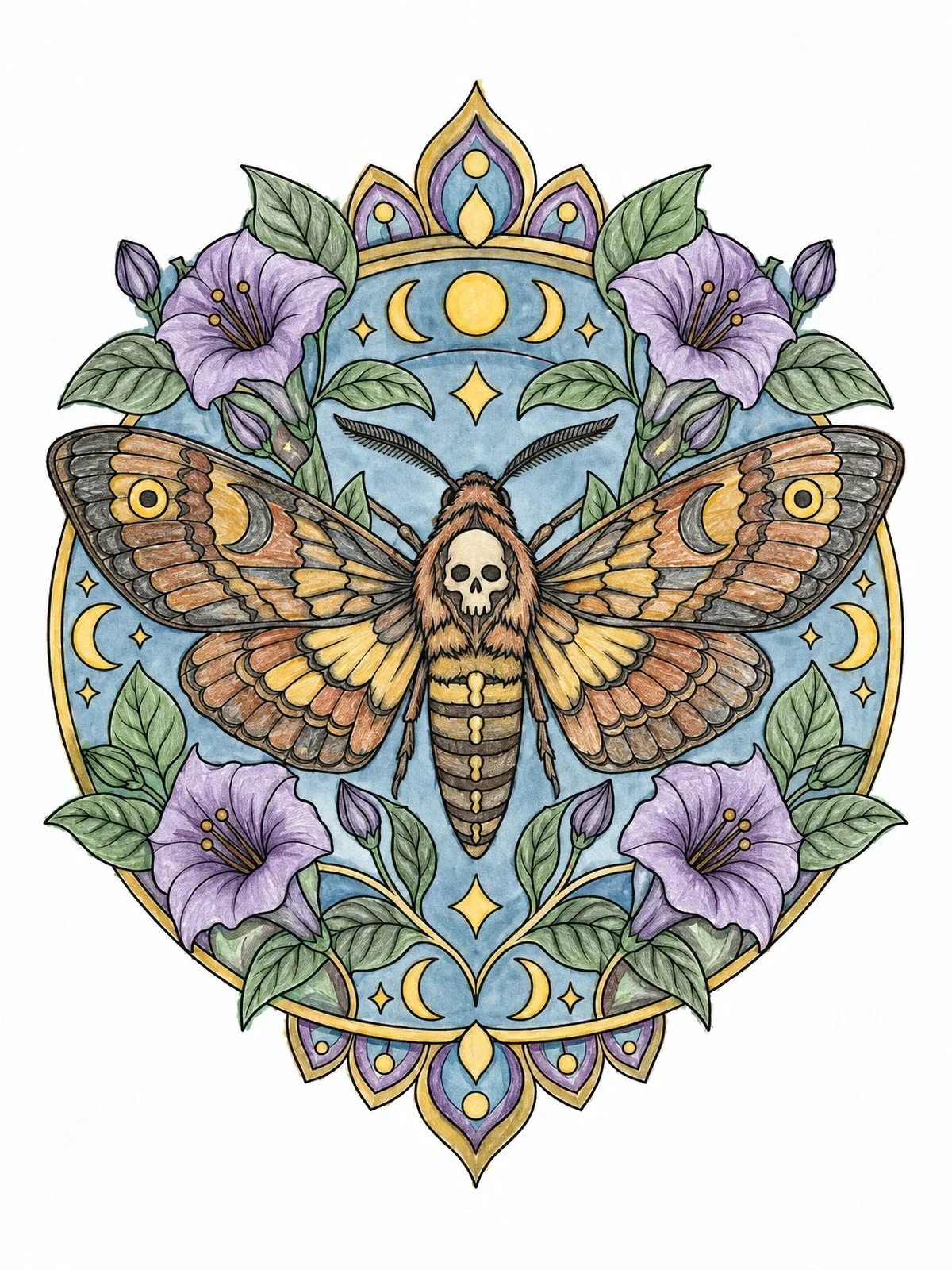 Colored example of the Death's Head Hawkmoth And Nightshade Mandala coloring page