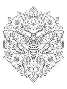 A detailed death's-head moth coloring page framed by moon phases and flowers.
