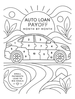 An inspiring debt free coloring page showing a car puzzle loan payoff tracker.