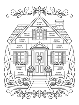 A debt free coloring page featuring a cozy house tracker divided into payoff chunks.