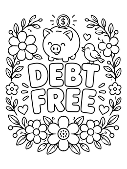 Free printable Debt Free Piggy Bank And Flowers coloring page