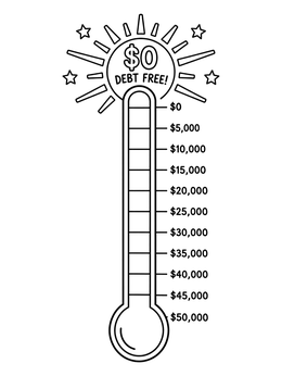 A debt free coloring page with a vertical thermometer chart counting down from $50,000 to zero.