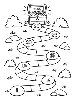 A winding stepping stone debt free coloring page leading up to a treasure chest labeled zero balance.