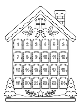 Gingerbread advent calendar house with twenty-four doors on this december coloring page.