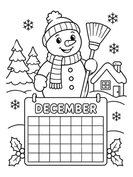 Snowman holding a broom behind a blank calendar in this december coloring page.