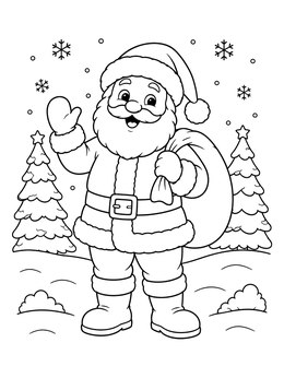 A cheerful Santa waving in the snow on this december coloring page.