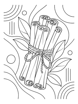 A decorative cinnamon stick bundle in this cozy december coloring page with leaves and flowing patterns.