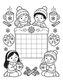 Kids with hot cocoa around a blank calendar on this cute december coloring page.