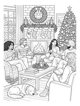 Friends relax around a hearth in this detailed december coloring page.