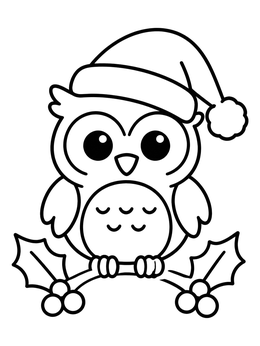 A cute owl in a Santa hat on this december coloring page.