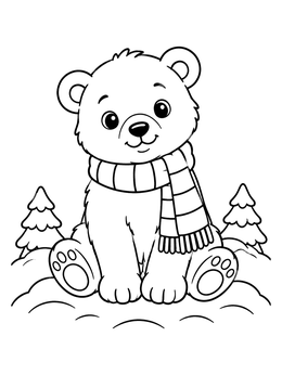 A cuddly polar bear cub sits in snow on this cute december coloring page.