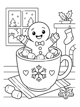 Cute gingerbread man in a hot cocoa mug on this cozy december coloring page.