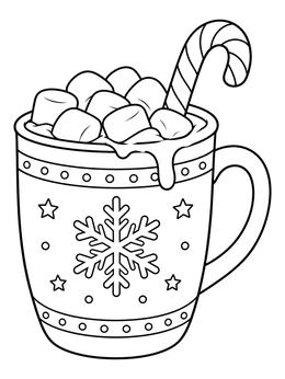 A festive mug of hot chocolate on this december coloring page.