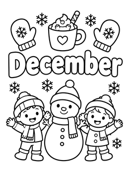 Free printable December Lettering With Snowman And Kids coloring page