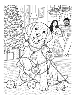 A happy puppy wrapped in ornament garland sits by a Christmas tree in this cozy december coloring page.