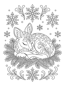 A peaceful sleeping fawn rests on pine boughs in this december coloring page surrounded by snowflakes.