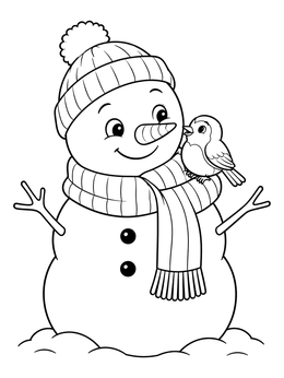 A cheerful snowman wearing a knit hat and scarf chats with a robin on this december coloring page.