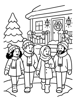 Free printable Winter Walk By A Decorated House coloring page