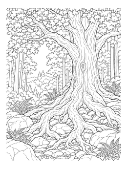 An ancient oak tree spreads massive roots over rocky soil in this deciduous forest coloring page.