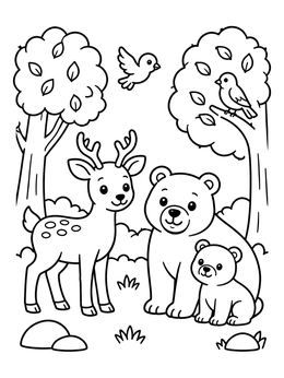 Free printable Cute Forest Animals With Deer And Bears coloring page