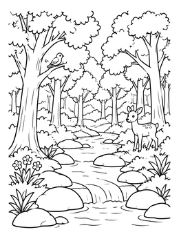 Free printable Forest Stream With Deer And Bird coloring page