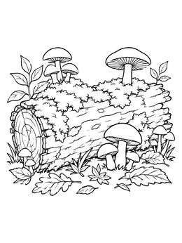 A fallen tree log and wild mushrooms in this deciduous forest coloring page.