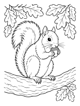 Free printable Squirrel Nibbling An Acorn On Branch coloring page