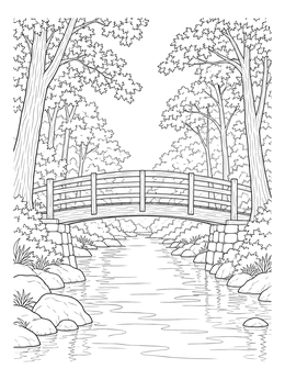 A peaceful deciduous forest coloring page featuring an arched wooden bridge over a flowing creek.