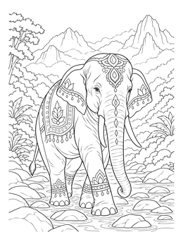 An ornate elephant coloring page showing a decorated Asian elephant walking across a river with mountains.